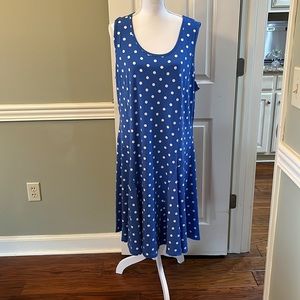Susan Graver XL Blue White sleeveless Polka  dot knit Pullover dress Round Neck.